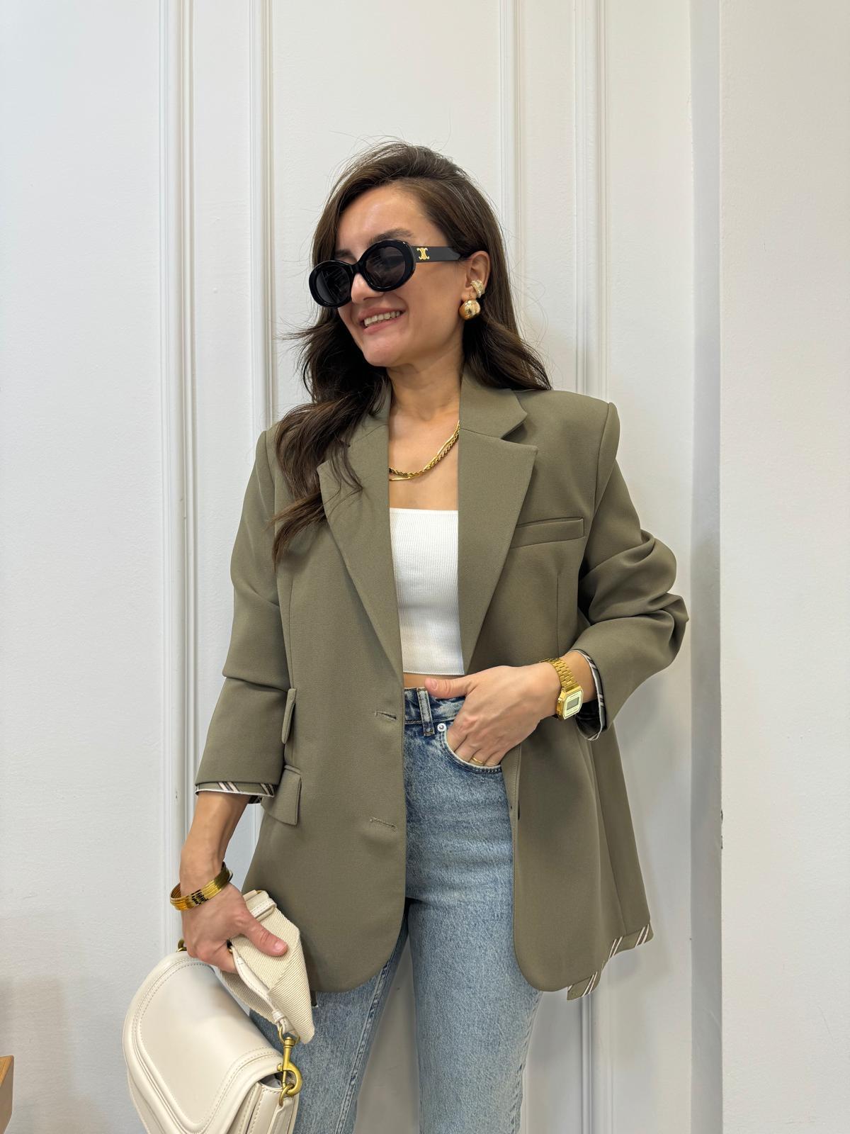 Haki Premıum Kalite Astar Detaylı Double Kumaş Blazer Ceket 9456