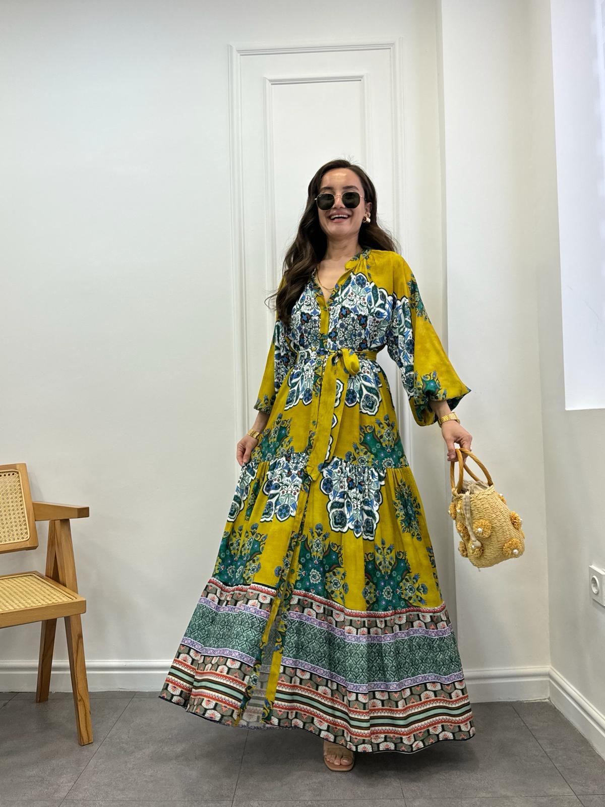 Hardal Renkli Desenli Önü Düğmeli Elbise 009