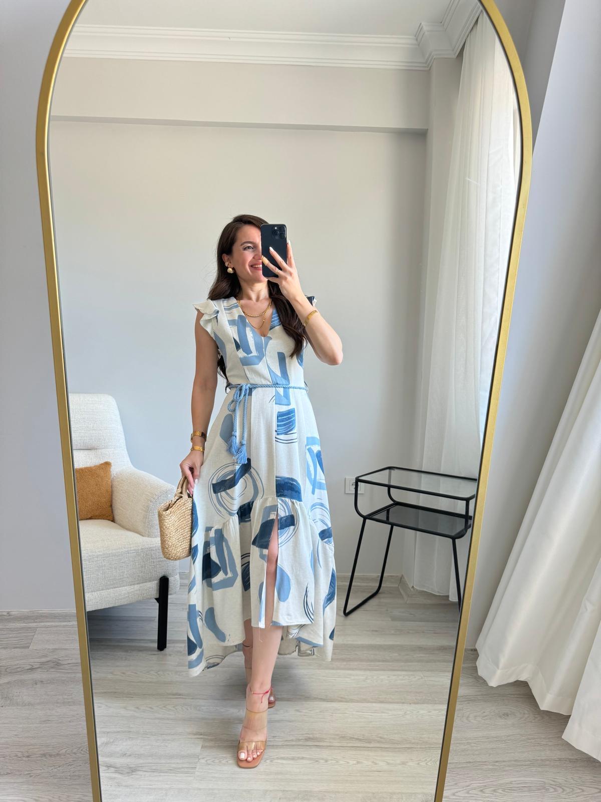 İndigo V Yaka Ön Yırtmaçlı Hasır Kemerli Elbise 3507