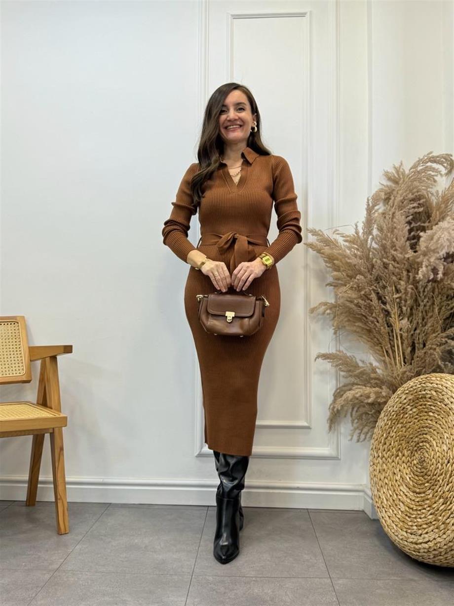 Kahve Polo Yaka Triko Uzun Elbise 92177