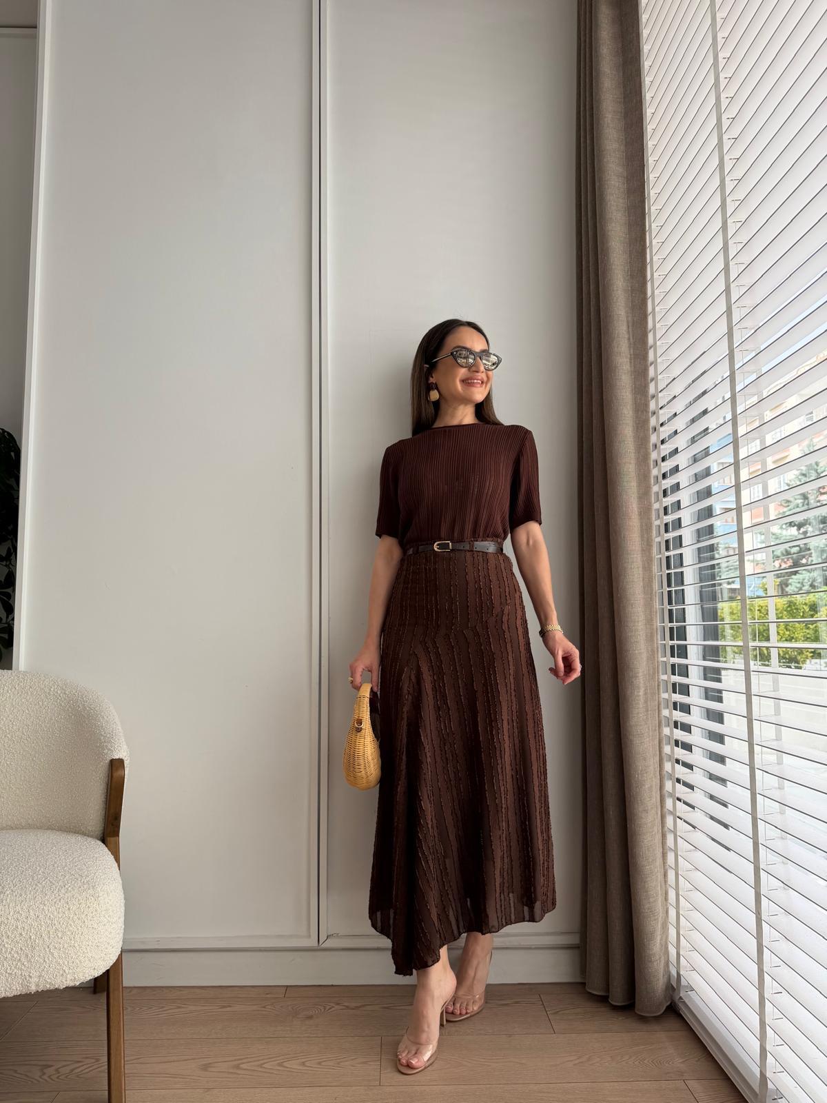 Kahve rengi Asimetrik Dokuma Kemerli Etek 5096
