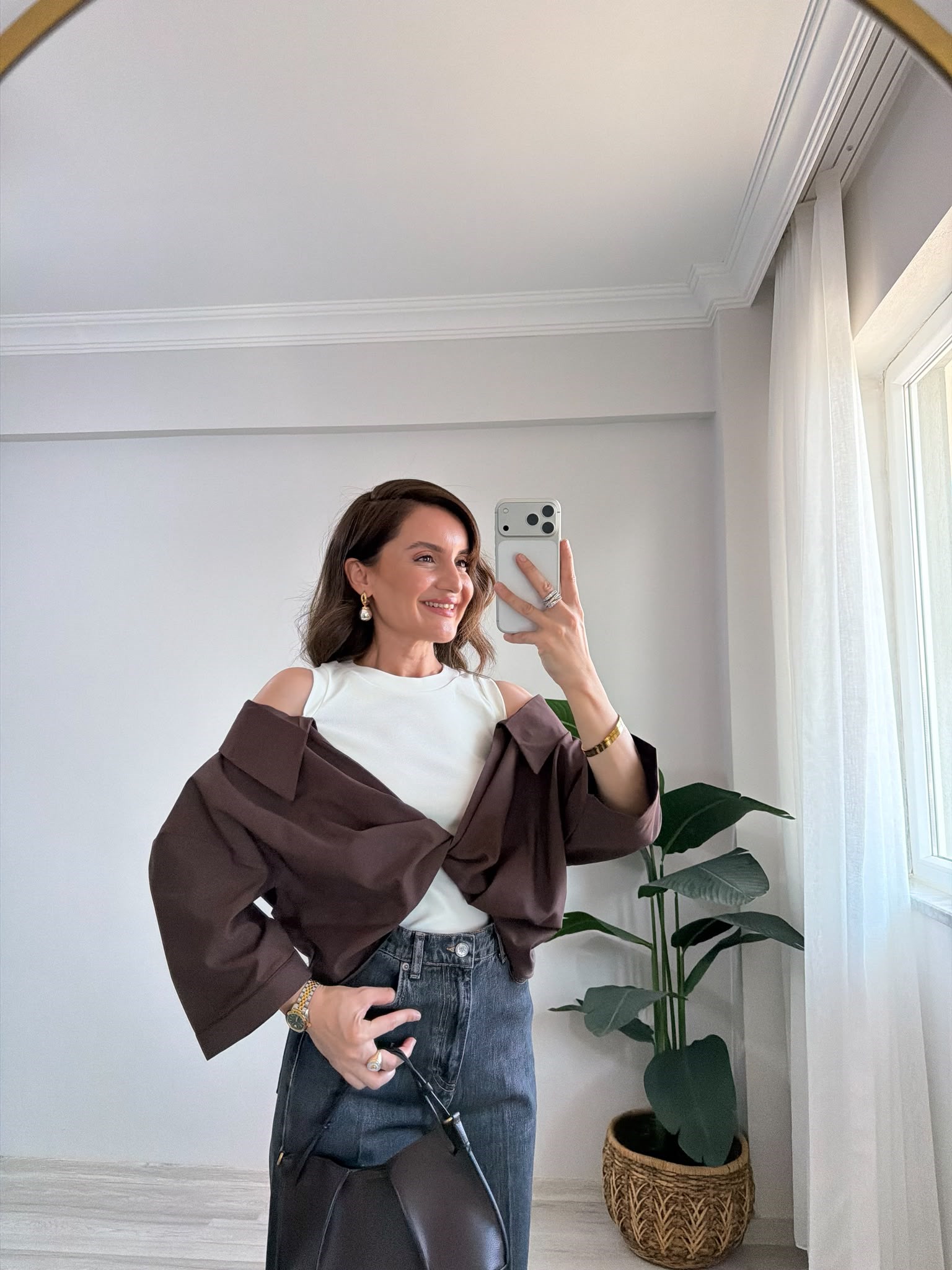 Kahve rengi Atletli Poplin Gömlek 1118