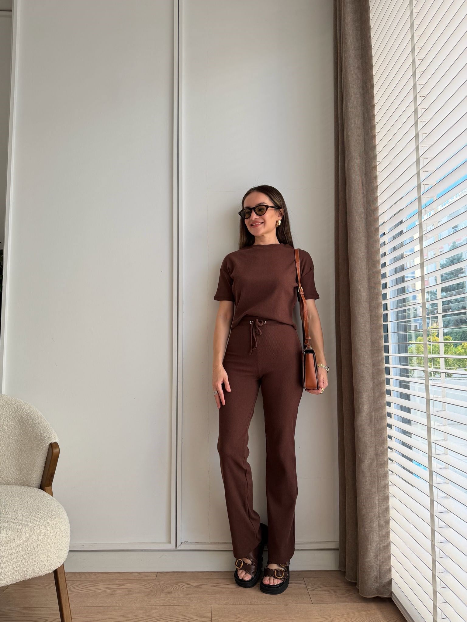 Kahve rengi Bağcıklı Slimfit Basic Takım 3105