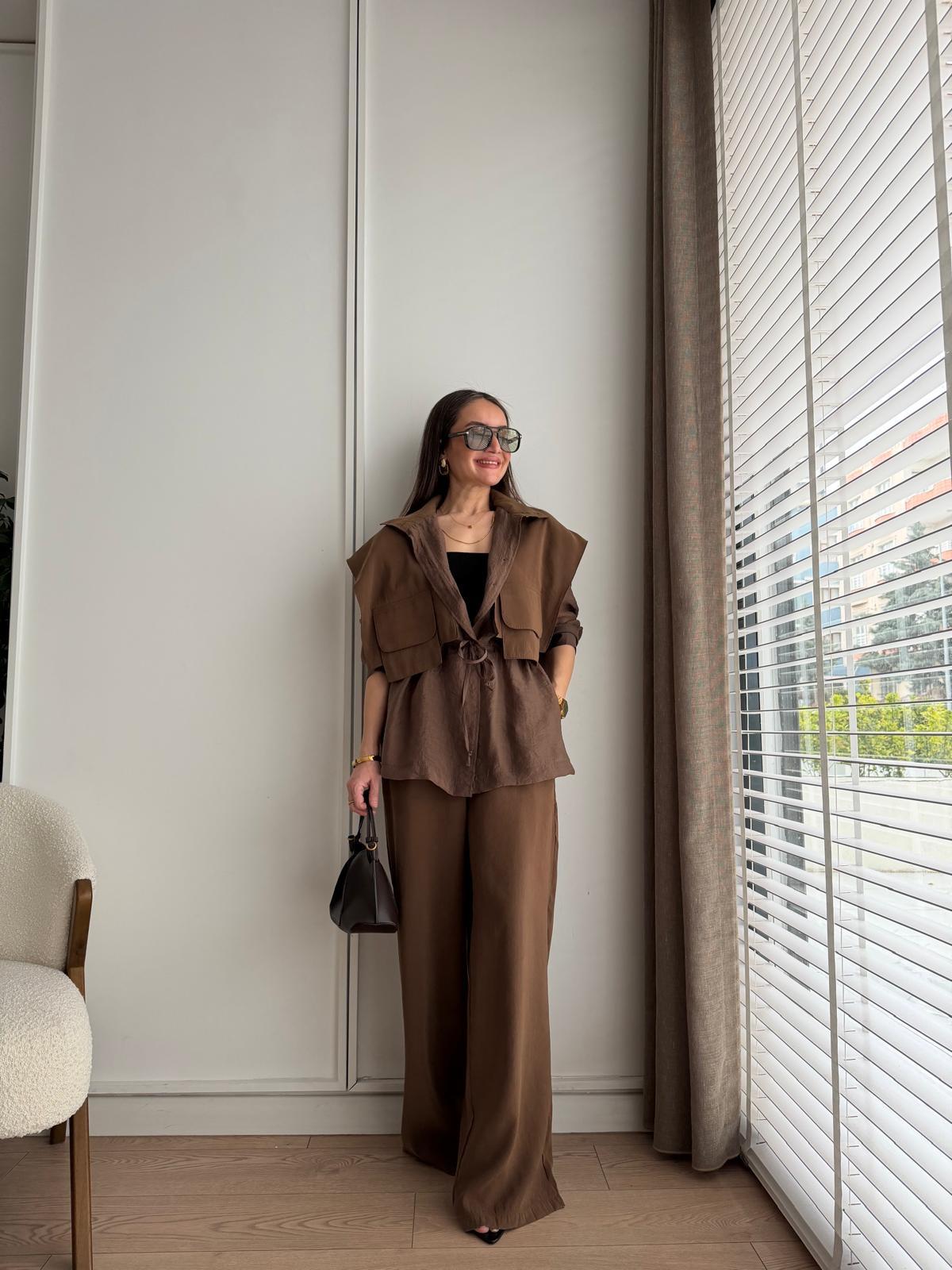 Kahve rengi Bağlama Detaylı Garnili Tensel Takım 51309