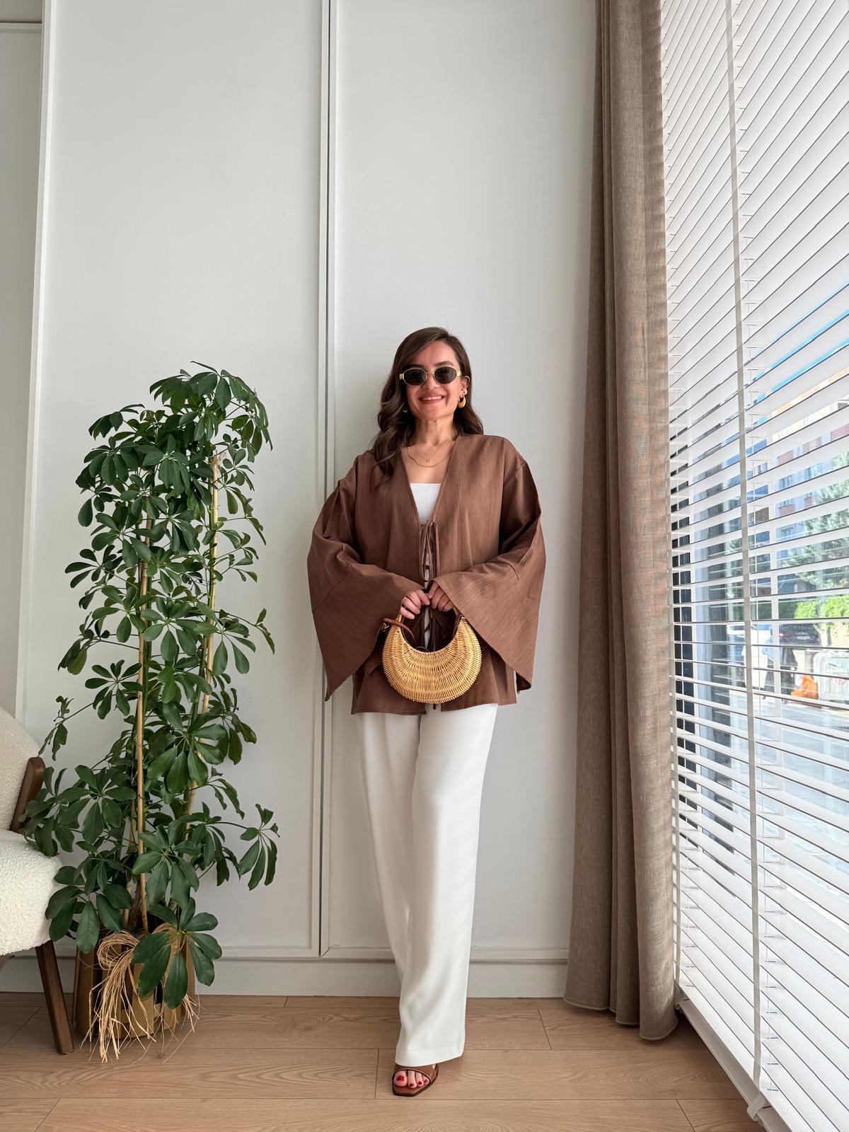 Kahve rengi Bağlamalı Keten Kimono Takım 5235