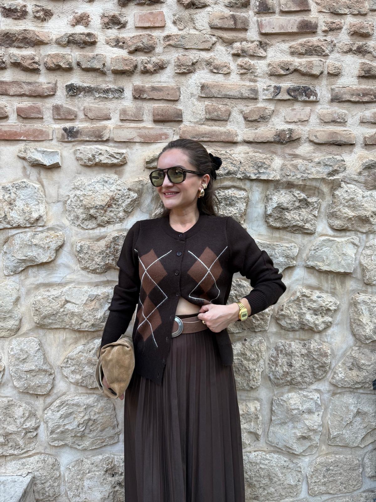 Kahve rengi Baklava Desen Triko Hırka 36822