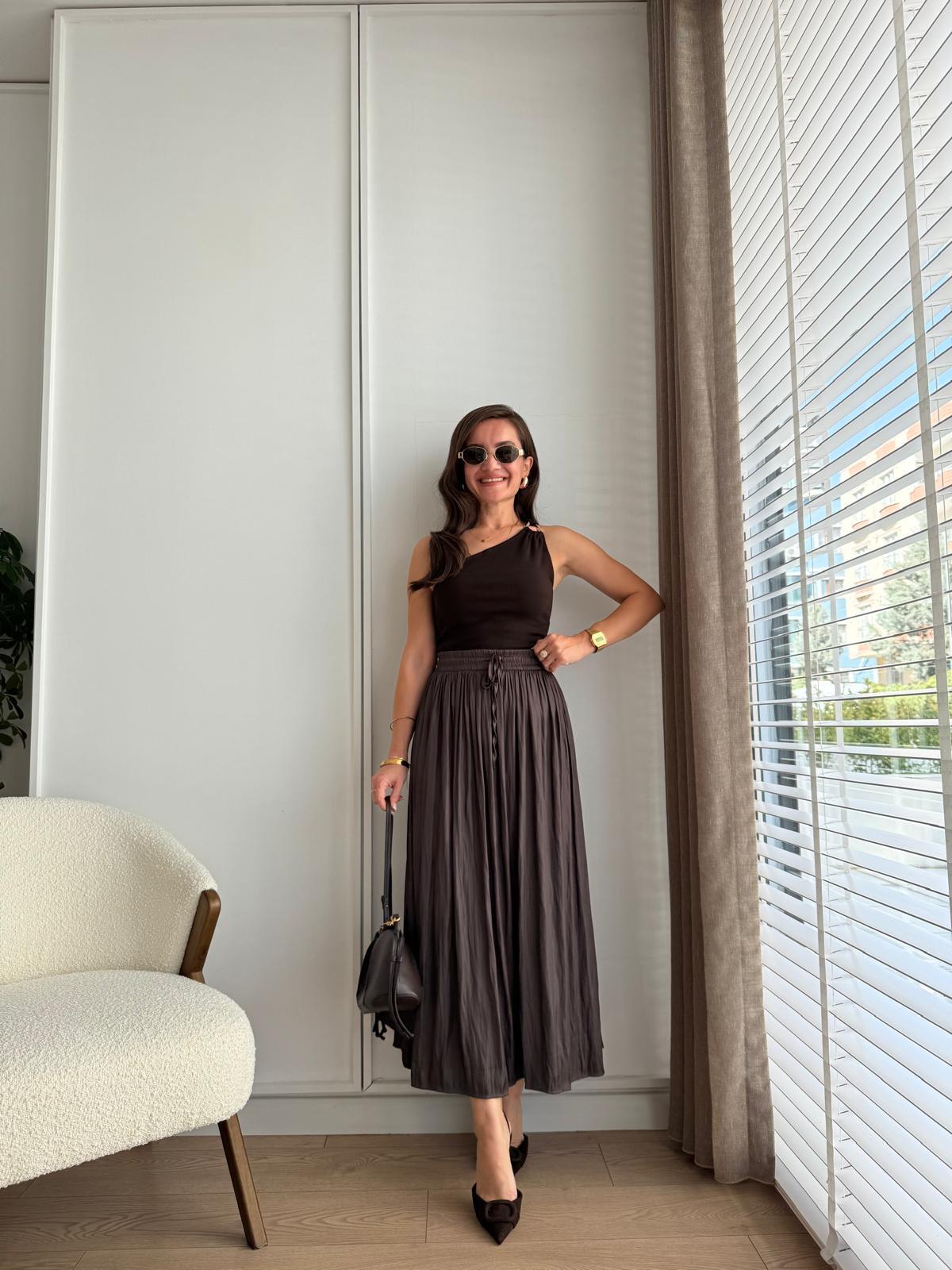 Kahve rengi Bel Bağlamalı Chruslı Midi Boy Etek 02947