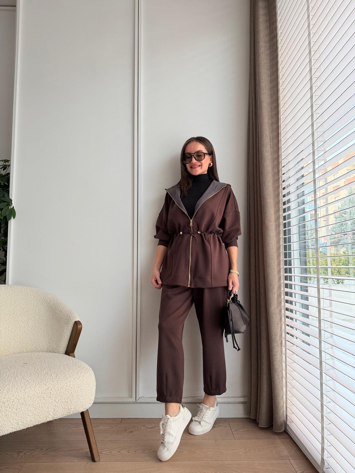 Kahve rengi Bel Detaylı Kapüşonlu Modal Takım 2651