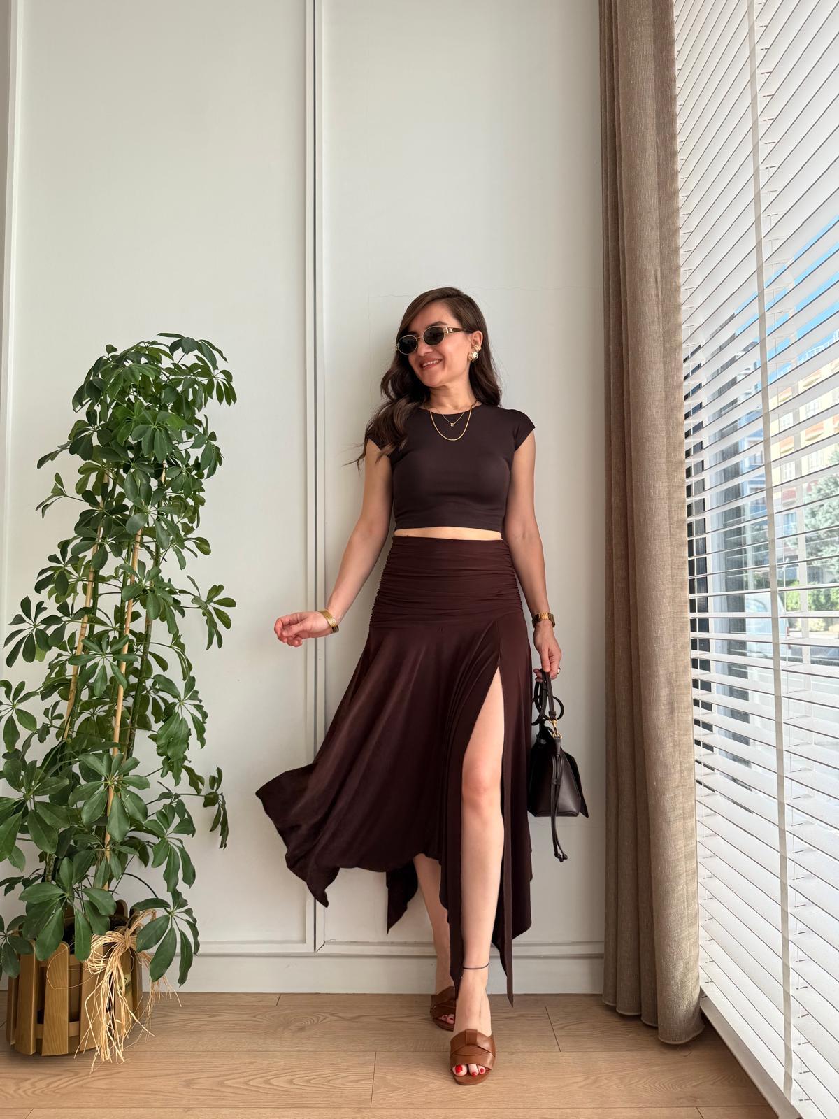 Kahve rengi Bel Drape Detaylı Yırtmaçlı Etek 1138