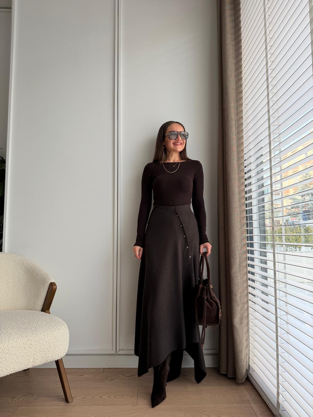 Kahve rengi Bel Lastikli Düğme Detaylı Etek 17298