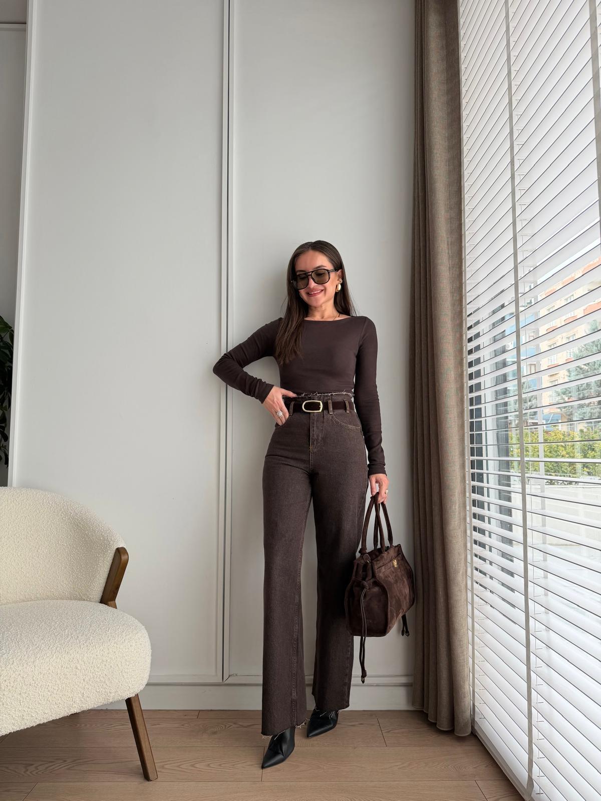 Kahve rengi Beli Dikişsiz Kemerli Jean 25400