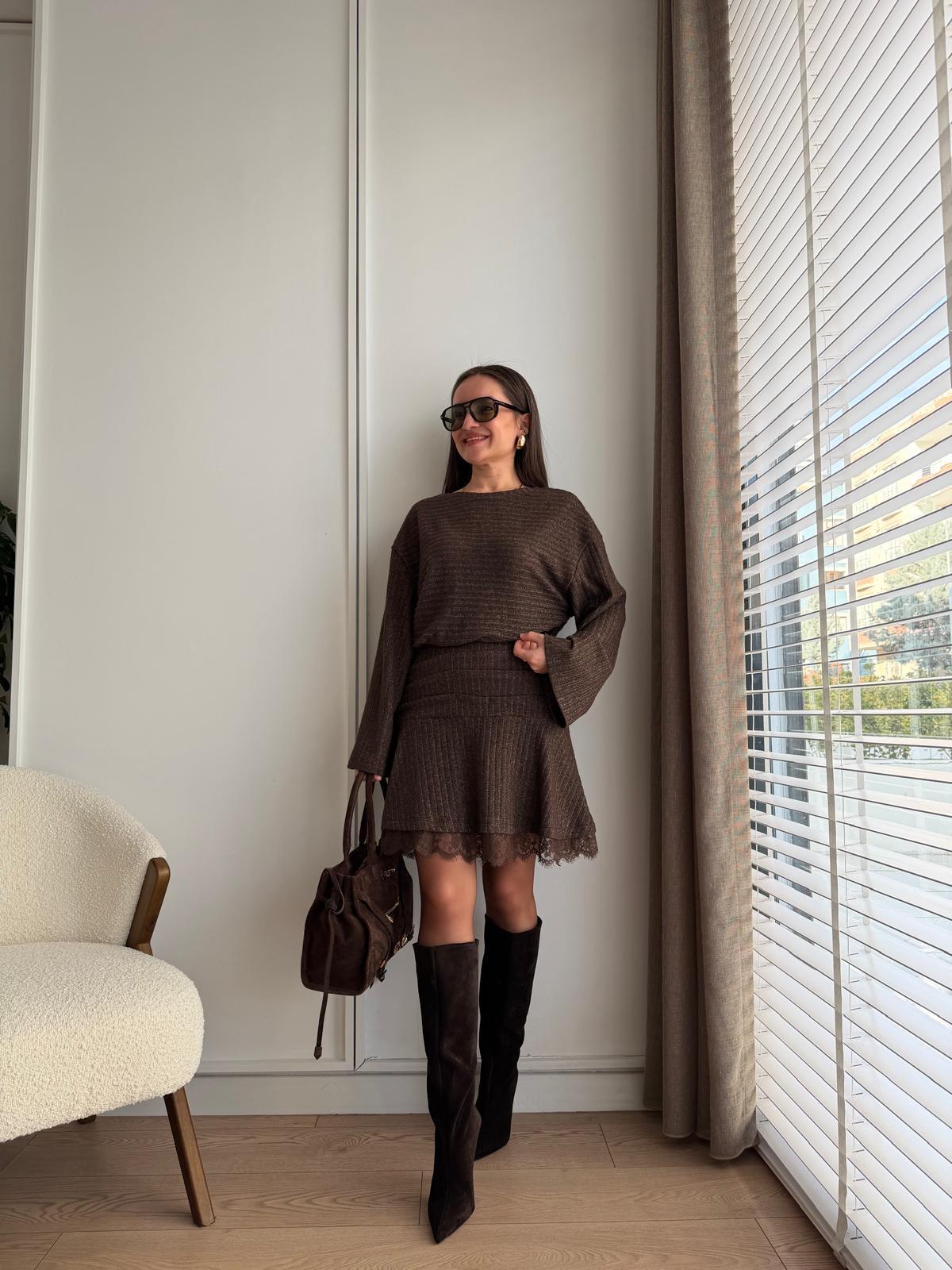 Kahve rengi Beli Drapeli Dantel Detaylı Elbise 35527