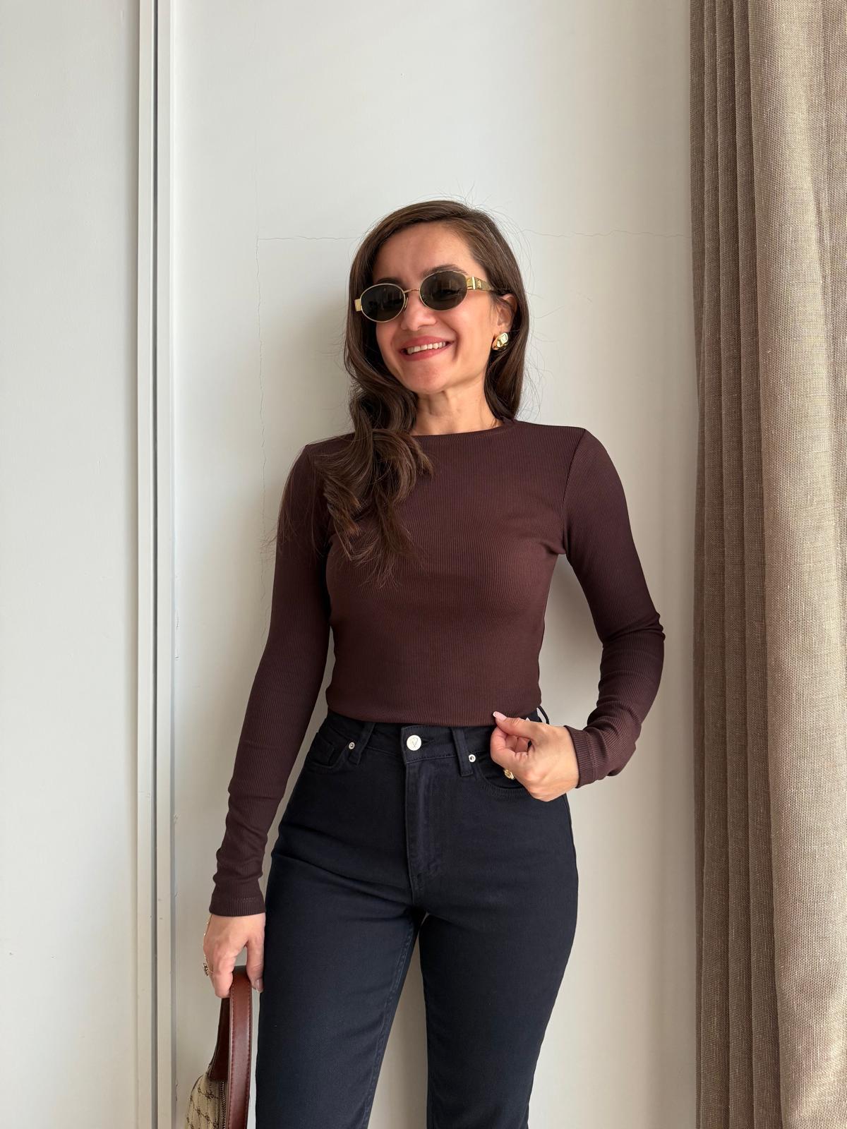 Kahve rengi Bisiklet Yaka Kaşkorse Bluz 4564