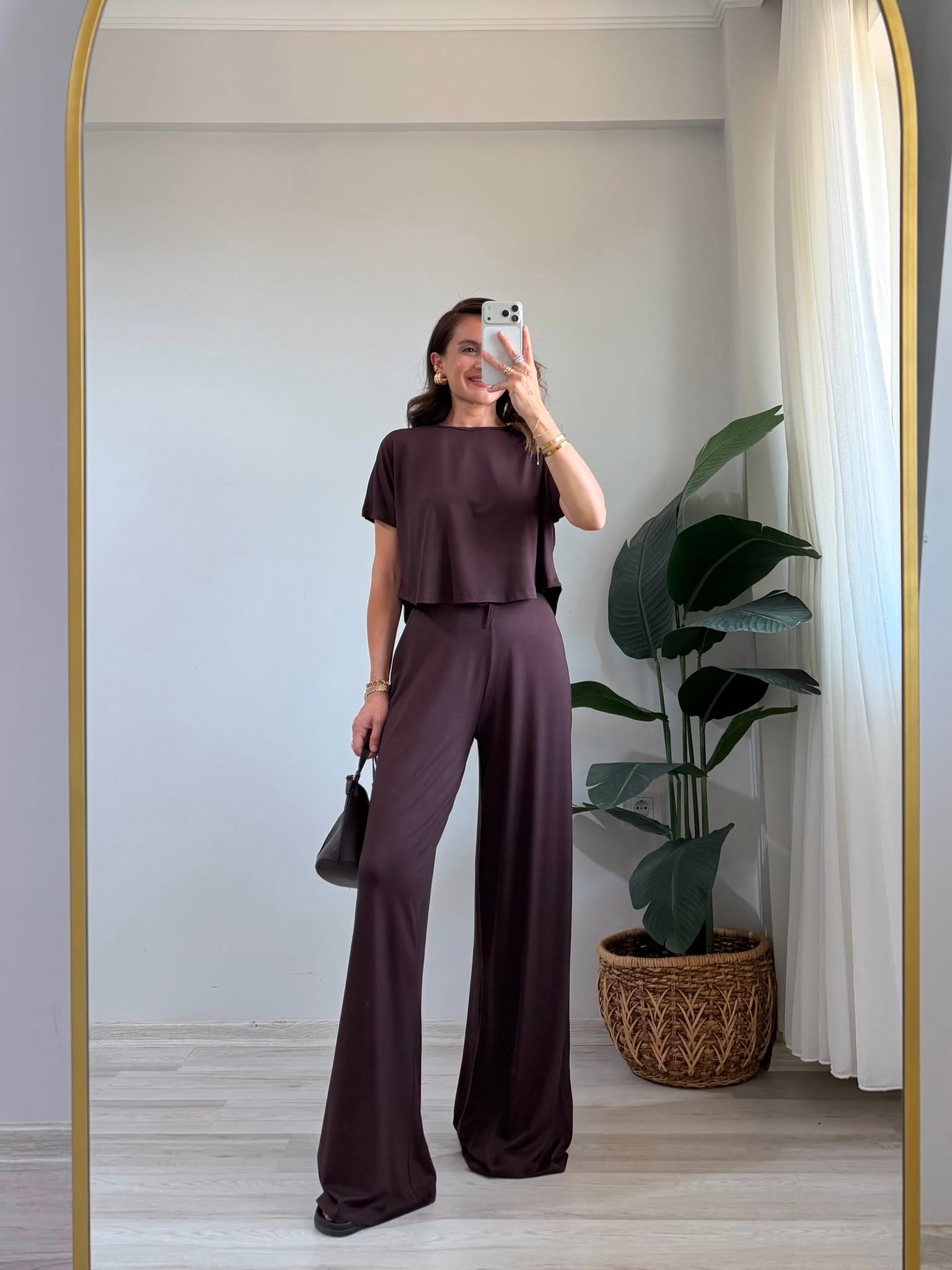 Kahve rengi Bol Paça Modal Crop Takım 4166