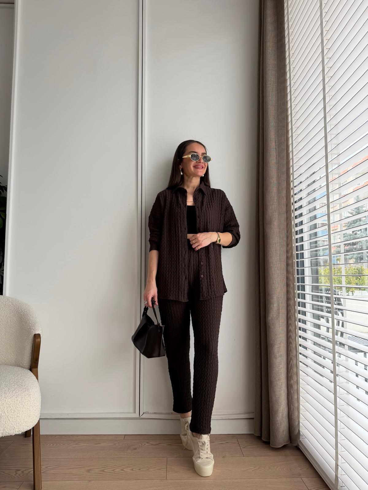 Kahve rengi Bürümcük Kumaş Gömlek Pantolon Takım 2390