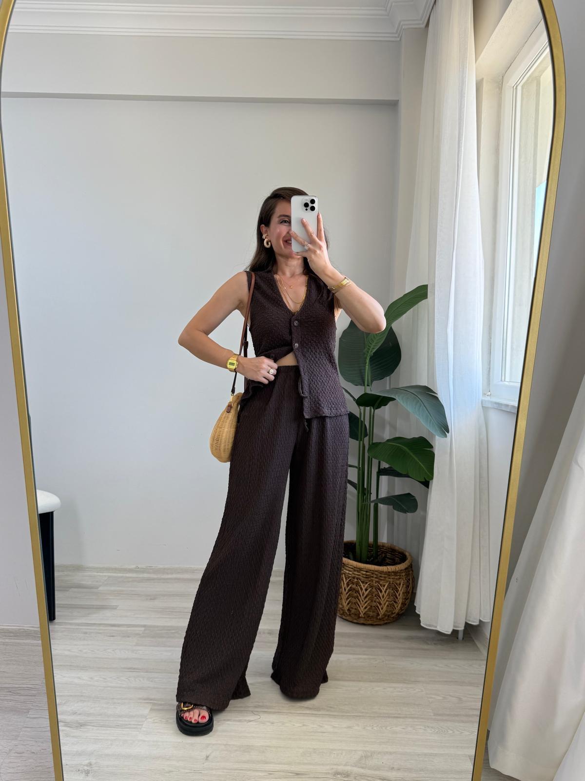 Kahve rengi Bürümcük Kumaş Yelek Pantolon Takım 16879