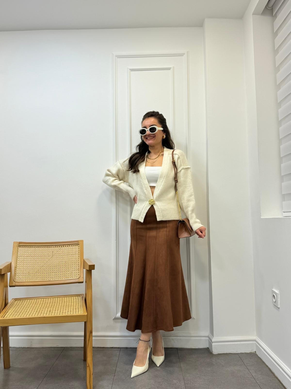 Kahve rengi Çan Kesim Midi Boy Süet Etek 241051