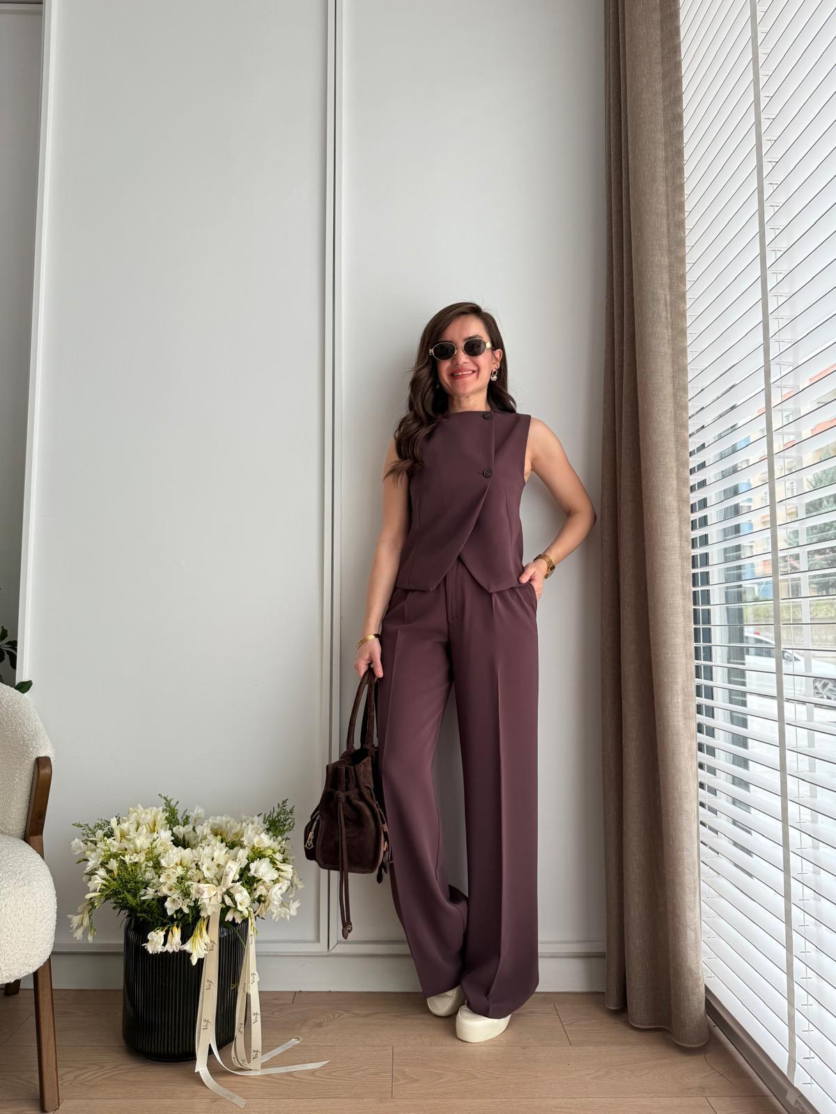 Kahve rengi Çapraz Düğmeli Bol Paça Pantolon Yelek Takım 16506