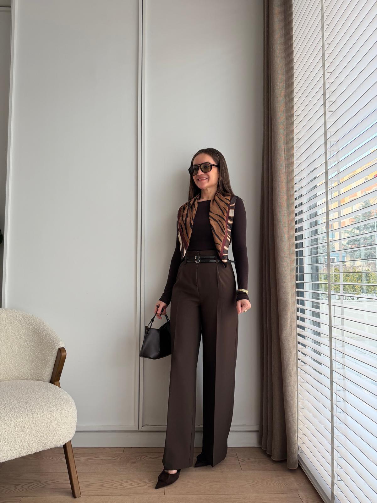 Kahve rengi Çift Kemerli Palazzo Pantolon 3663