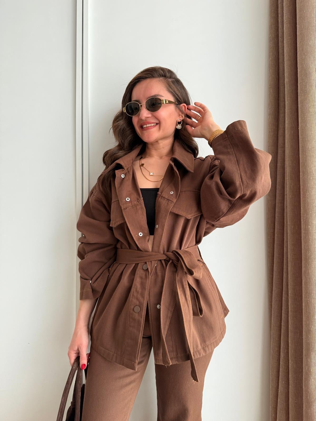 Kahve rengi Çıtçıt Düğmeli Kuşaklı Denim Ceket 7430