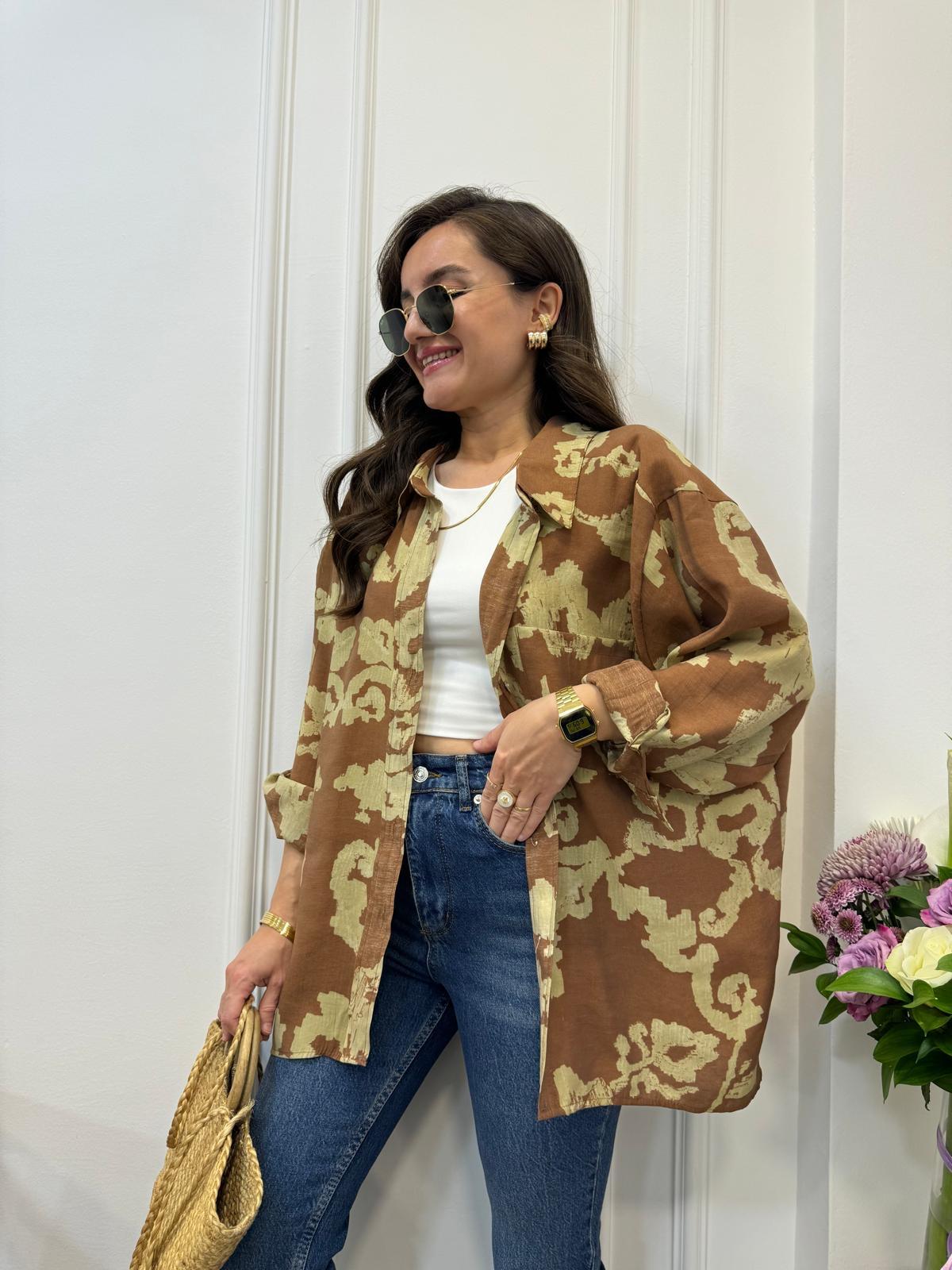 Kahve rengi Desenli Lüx Kalite Oversize Gömlek 4832