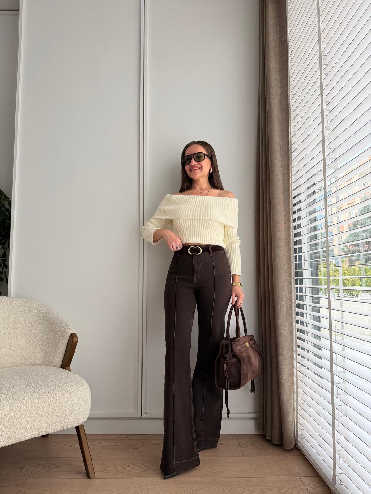 Kahve rengi Dikiş Detaylı Kemerli İspanyol Paça Pantolon 25678