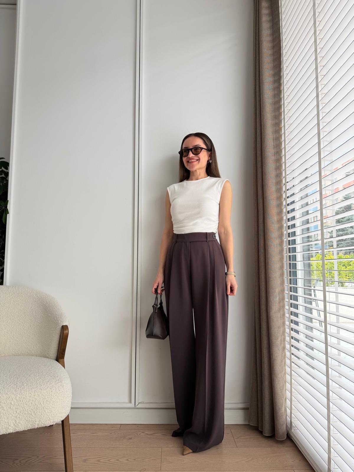 Kahve rengi Düğme Detaylı Palazzo Pantolon 251568