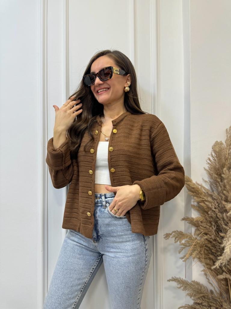 Kahve rengi Düz Düğmeli Agraflı Hırka 0007
