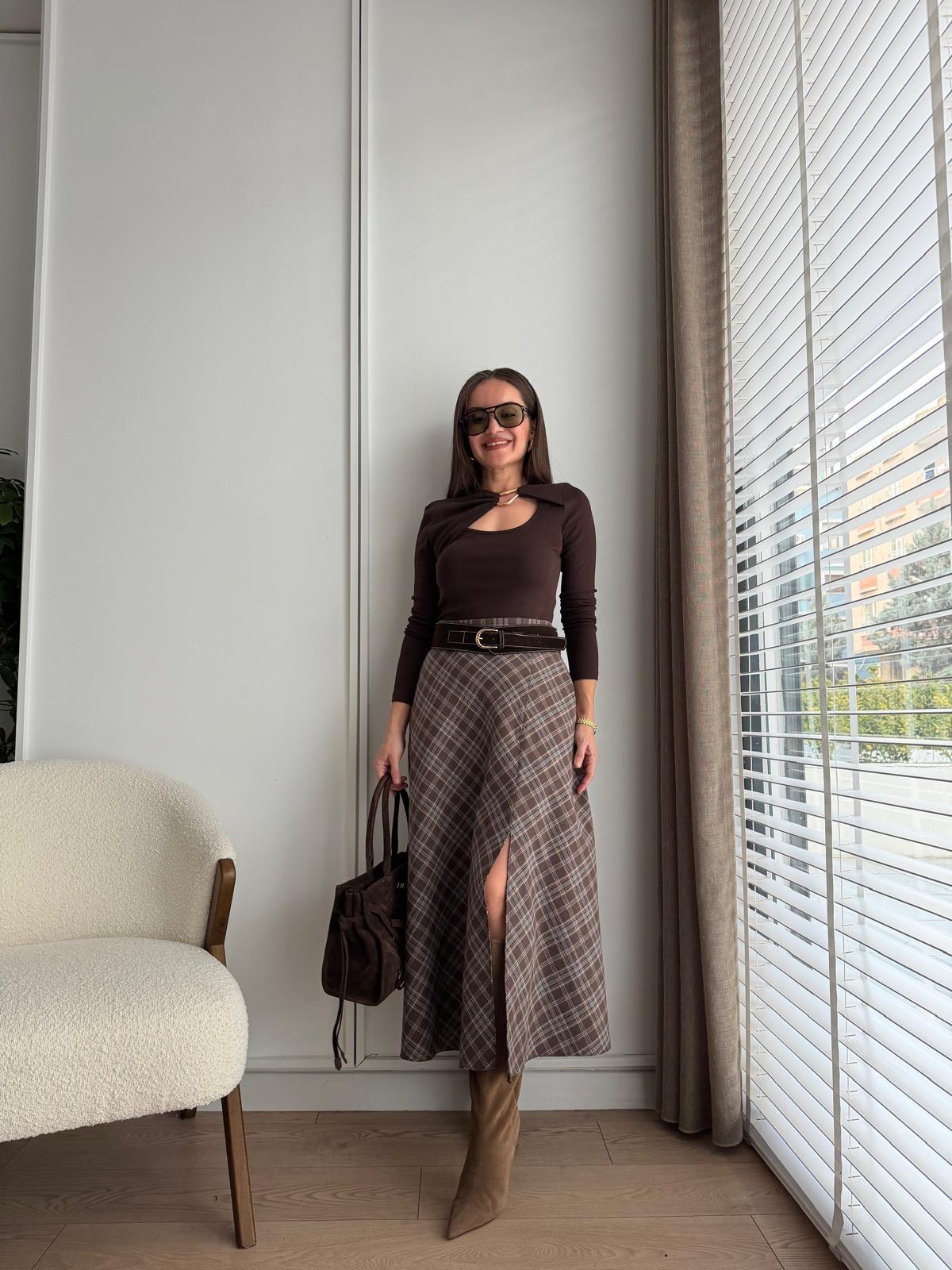 Kahve rengi Ekose Desen Kemerli Etek 36890
