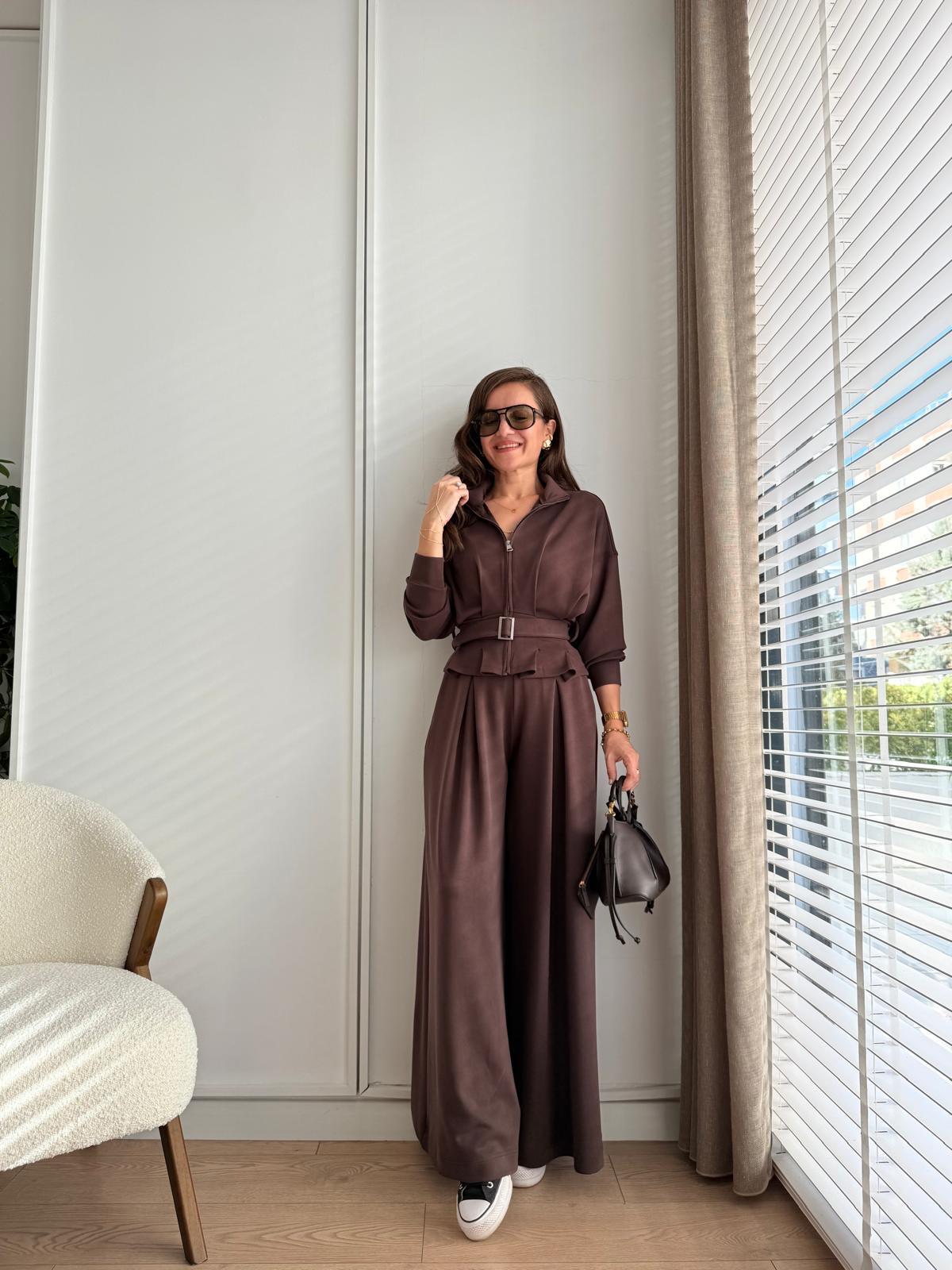 Kahve rengi Fermuarlı Bel Kemer Detaylı Modal Takım 17046