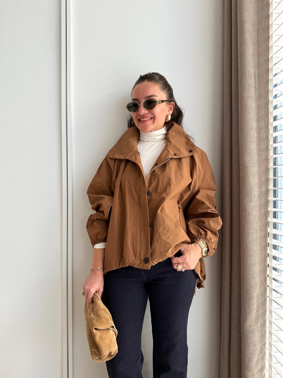 Kahve rengi Fermuarlı Bel Lastikli Rüzgarlık 36721