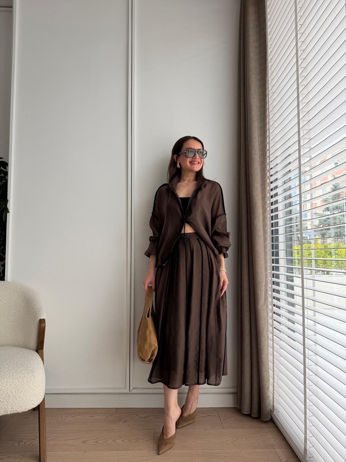 Kahve rengi Fermuarlı Biye Detaylı Etekli Takım 2796