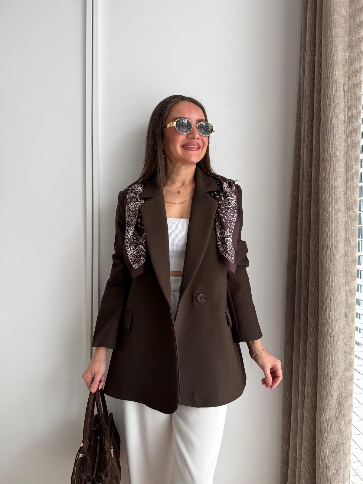 Kahve rengi Fular Detaylı Vatkalı Blazer Ceket 7665