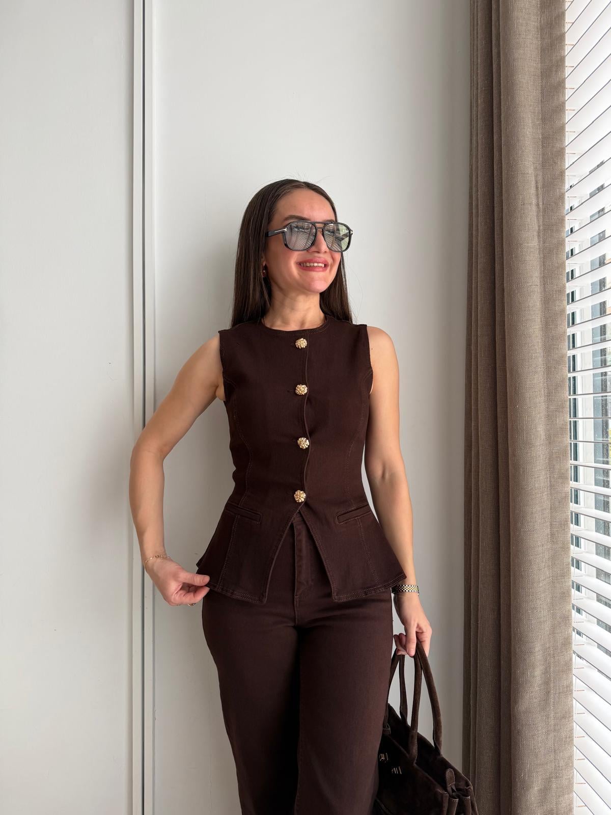 Kahve rengi Gold Düğmeli Slimfit Kot Yelek 6086