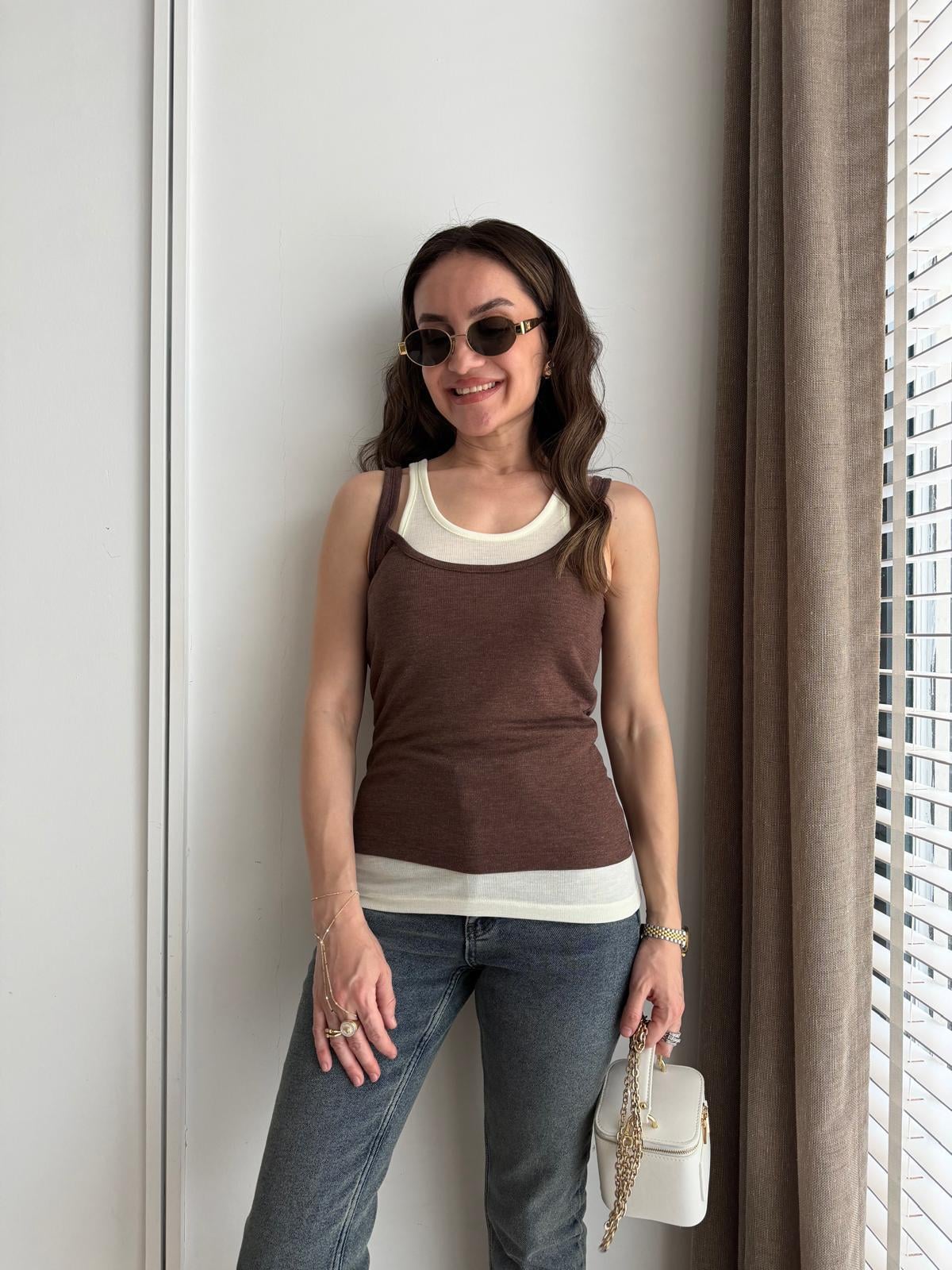 Kahve rengi Halter Yaka Garnili Atlet 17563