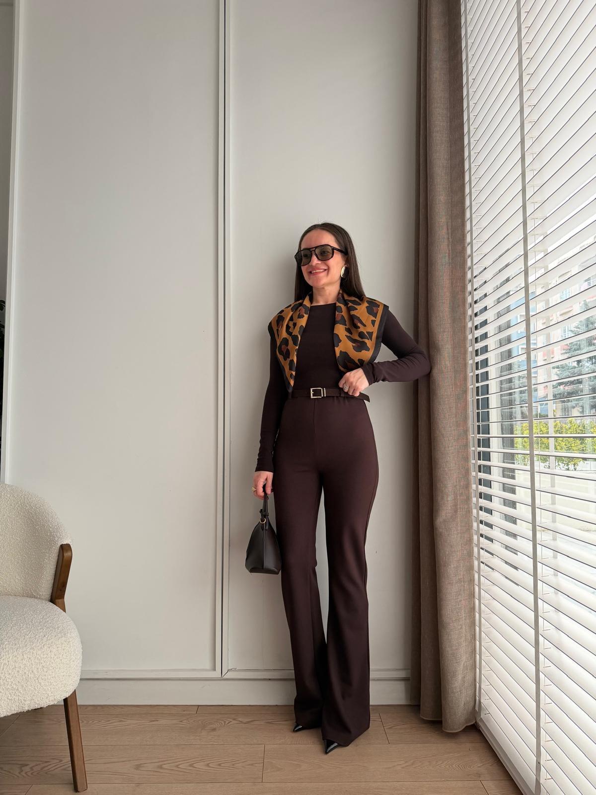 Kahve rengi Kemerli Bel Lastikli Flare Pantolon 0099