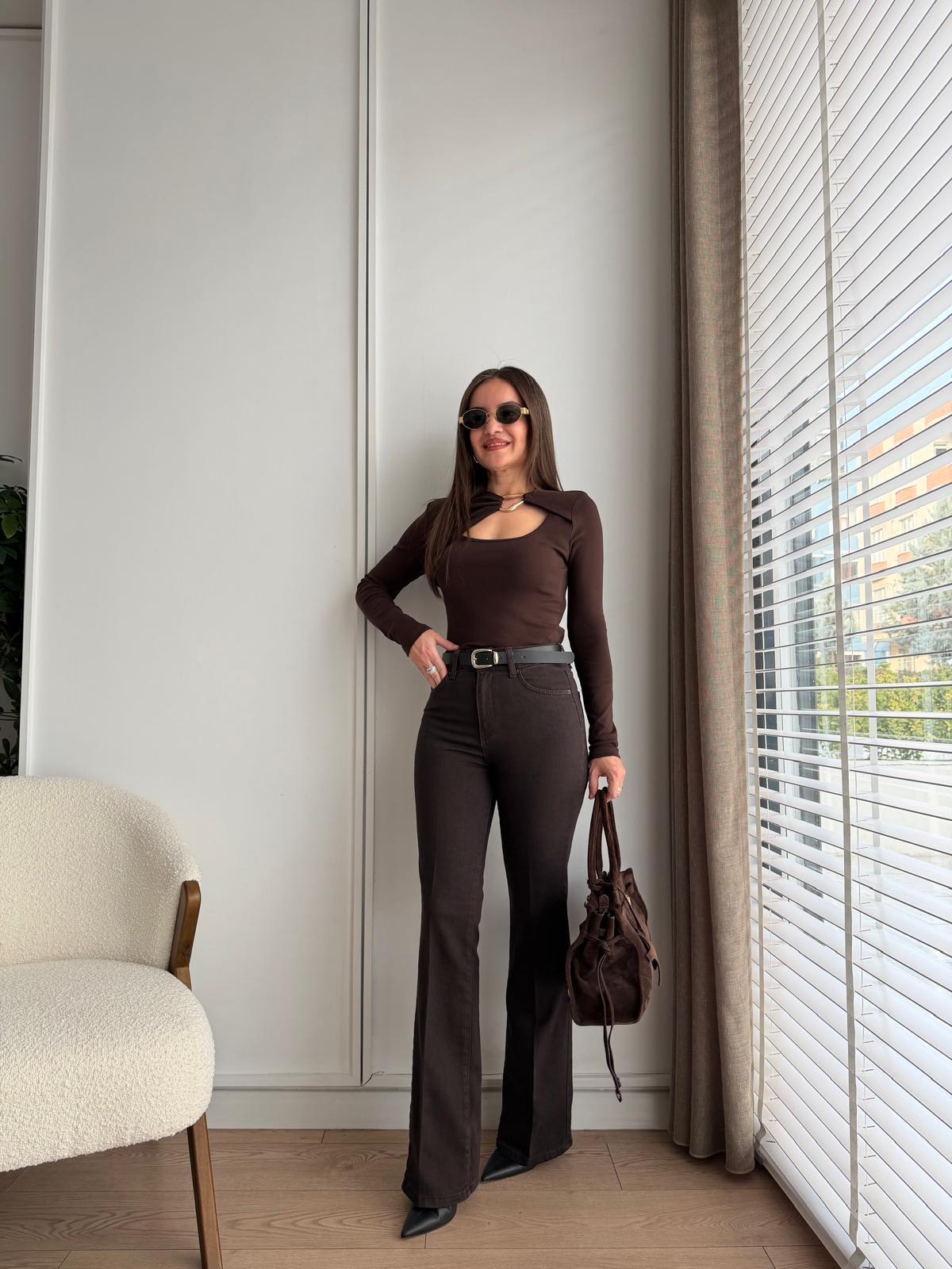 Kahve rengi Kemerli İspanyol Paça Jean D892