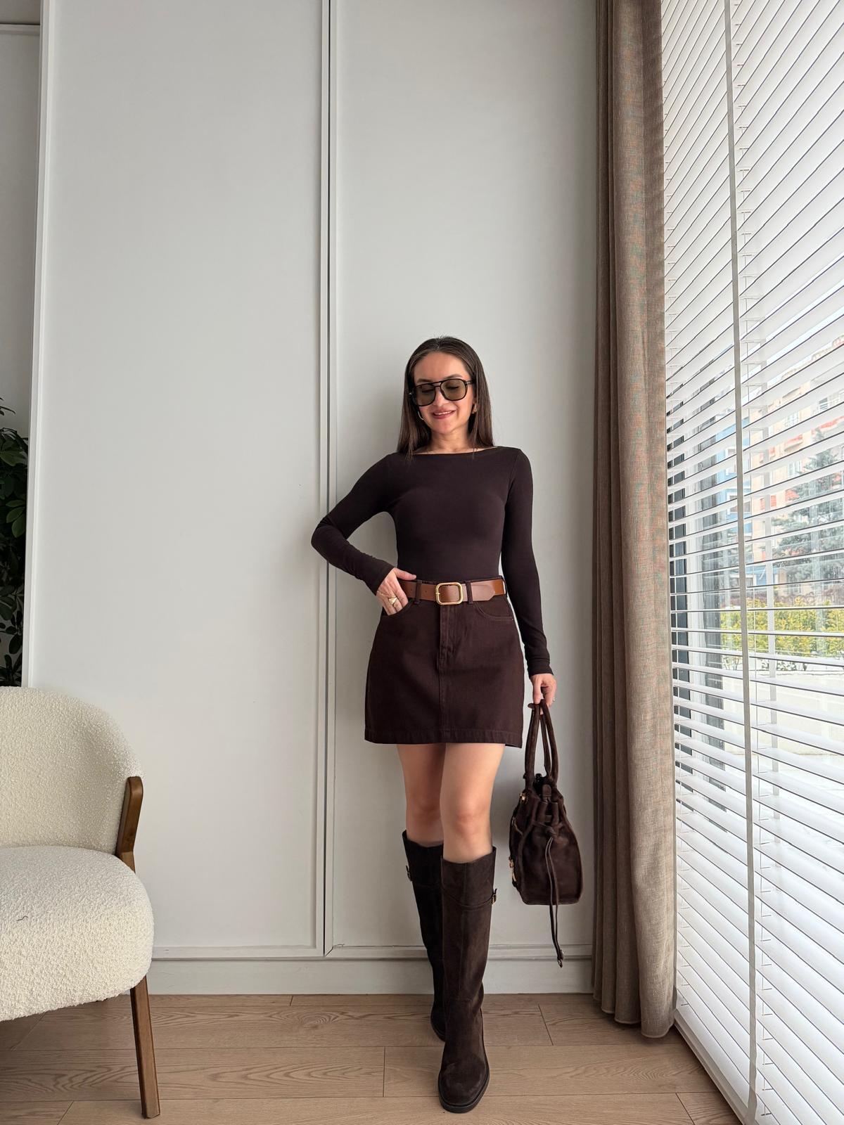 Kahve rengi Kemerli Mini Kot Etek 1046