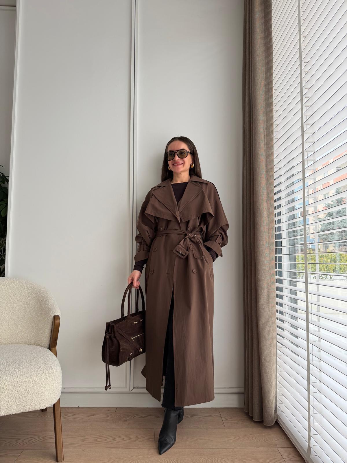 Kahve rengi Kemerli Oversize Trençkot 9637