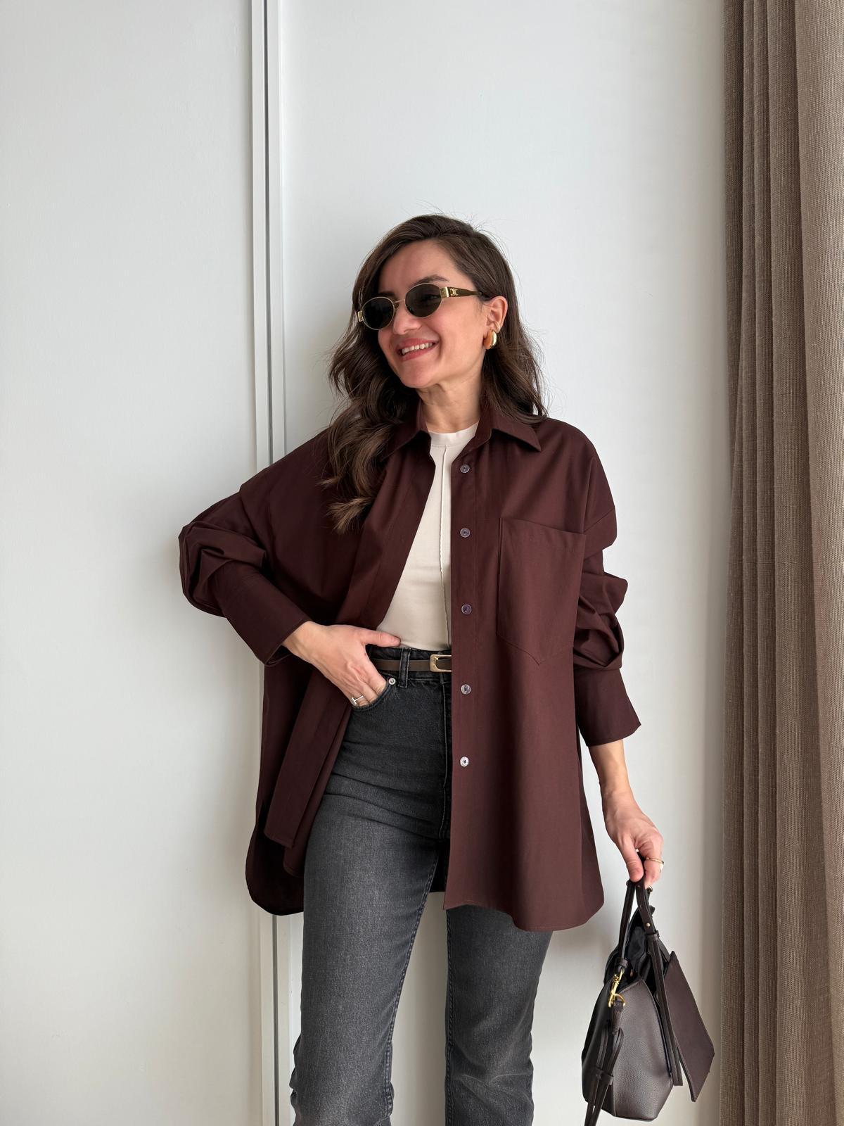 Kahve rengi Kol Manşetli Cepli Oversize Gömlek 5260