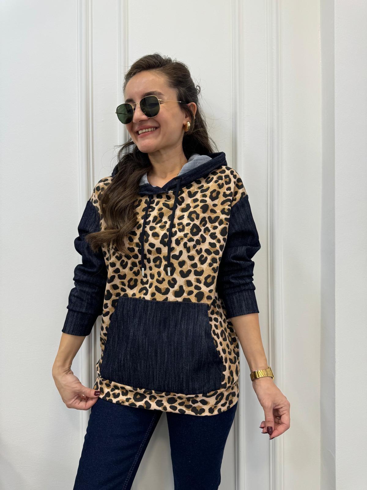 Kahve rengi Kot Detaylı Tasarım Leopar Sweatshırt 29189