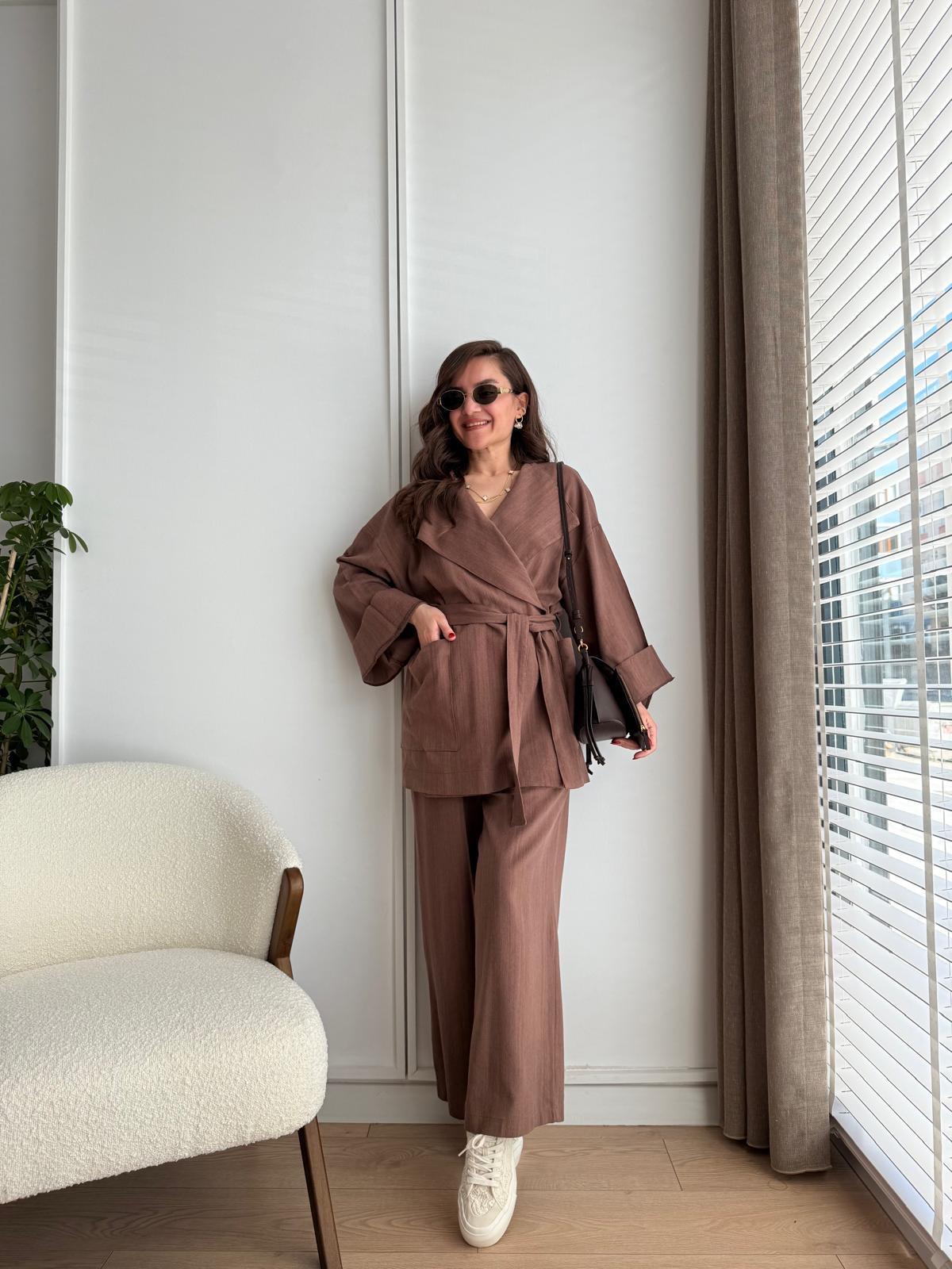 Kahve rengi Kuşaklı Cepli Kimono Takım 8447