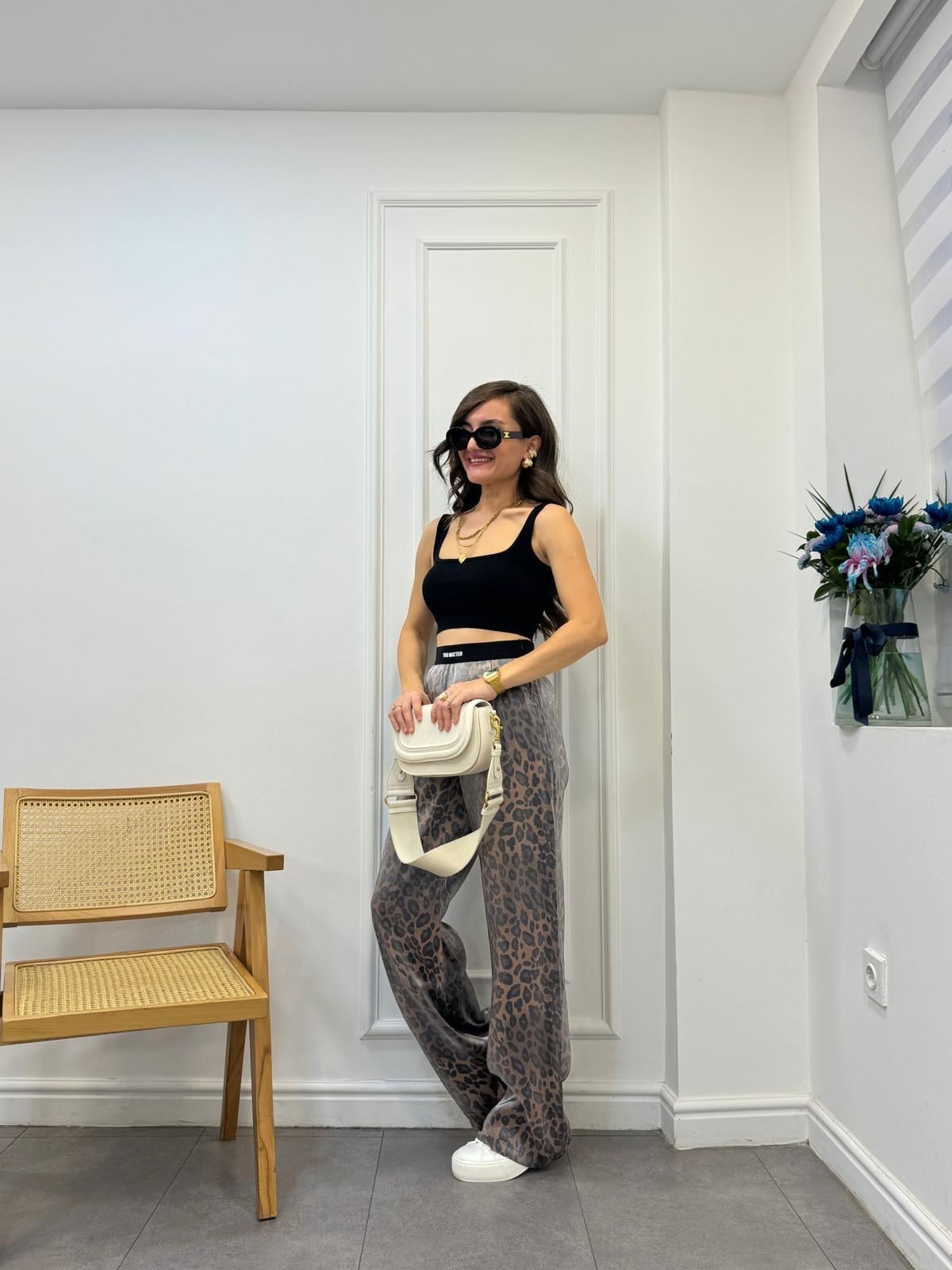 Kahve rengi Leopar Desen Bel Lastikli Pantolon 240905