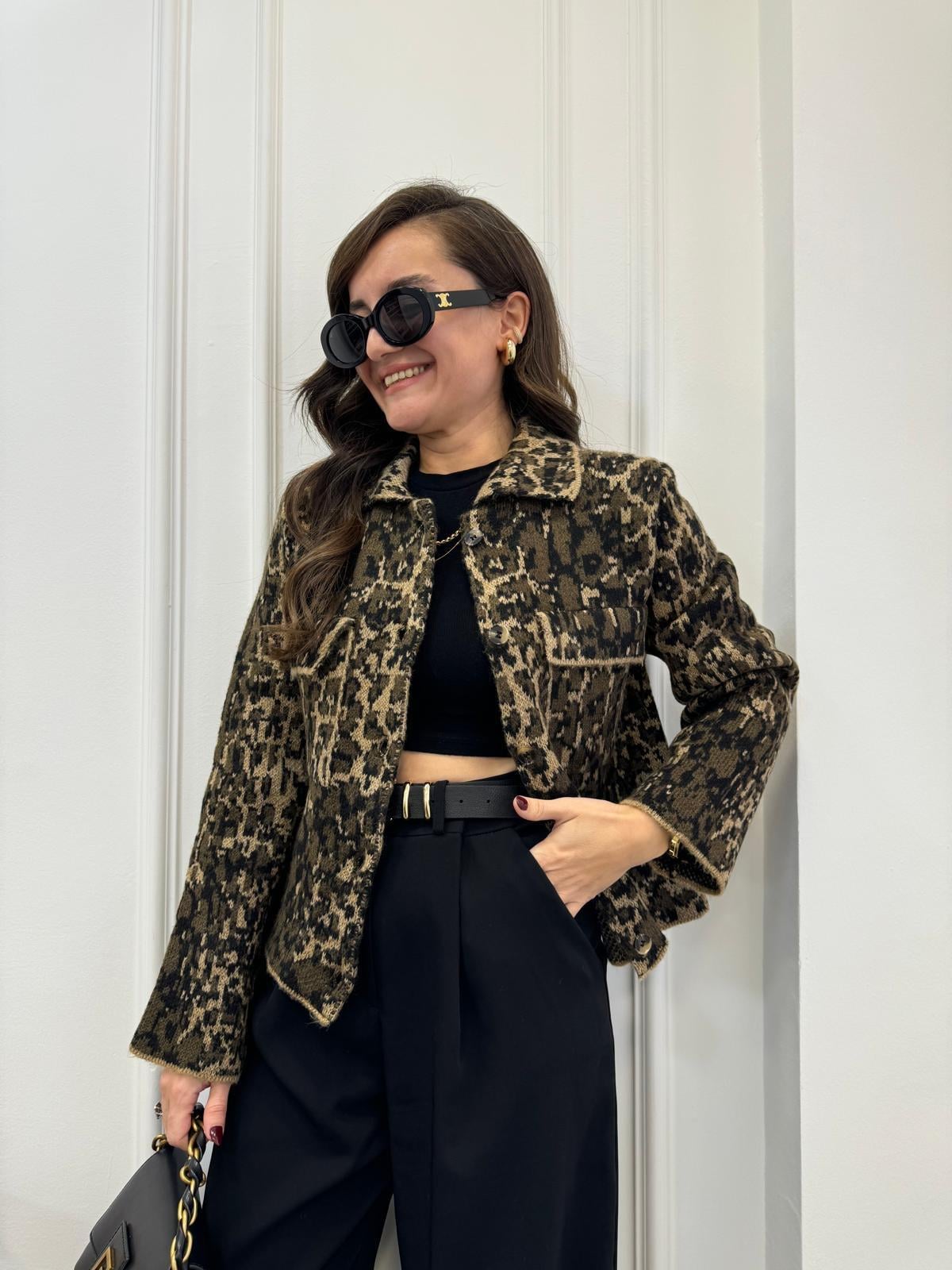 Kahve rengi Leopar Desen Cepli Triko Ceket 2402