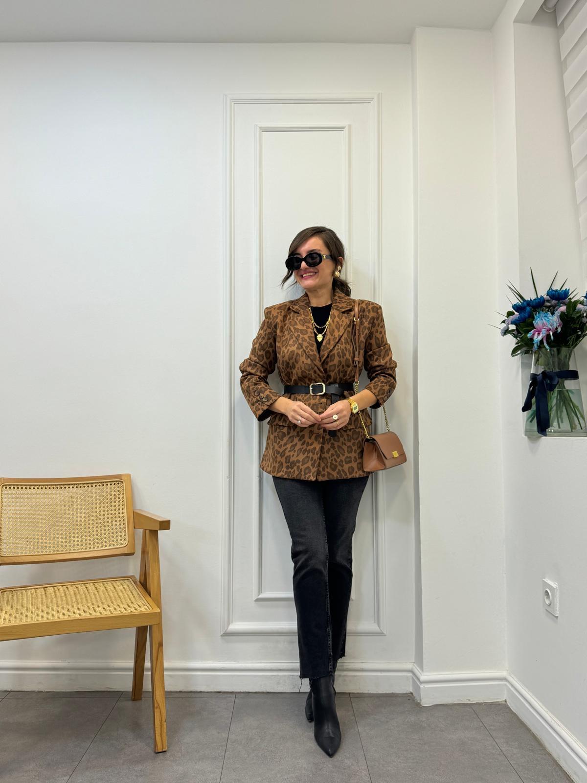 Kahve rengi Leopar Desen Premıum Kalite Süet Blazer Ceket 35424