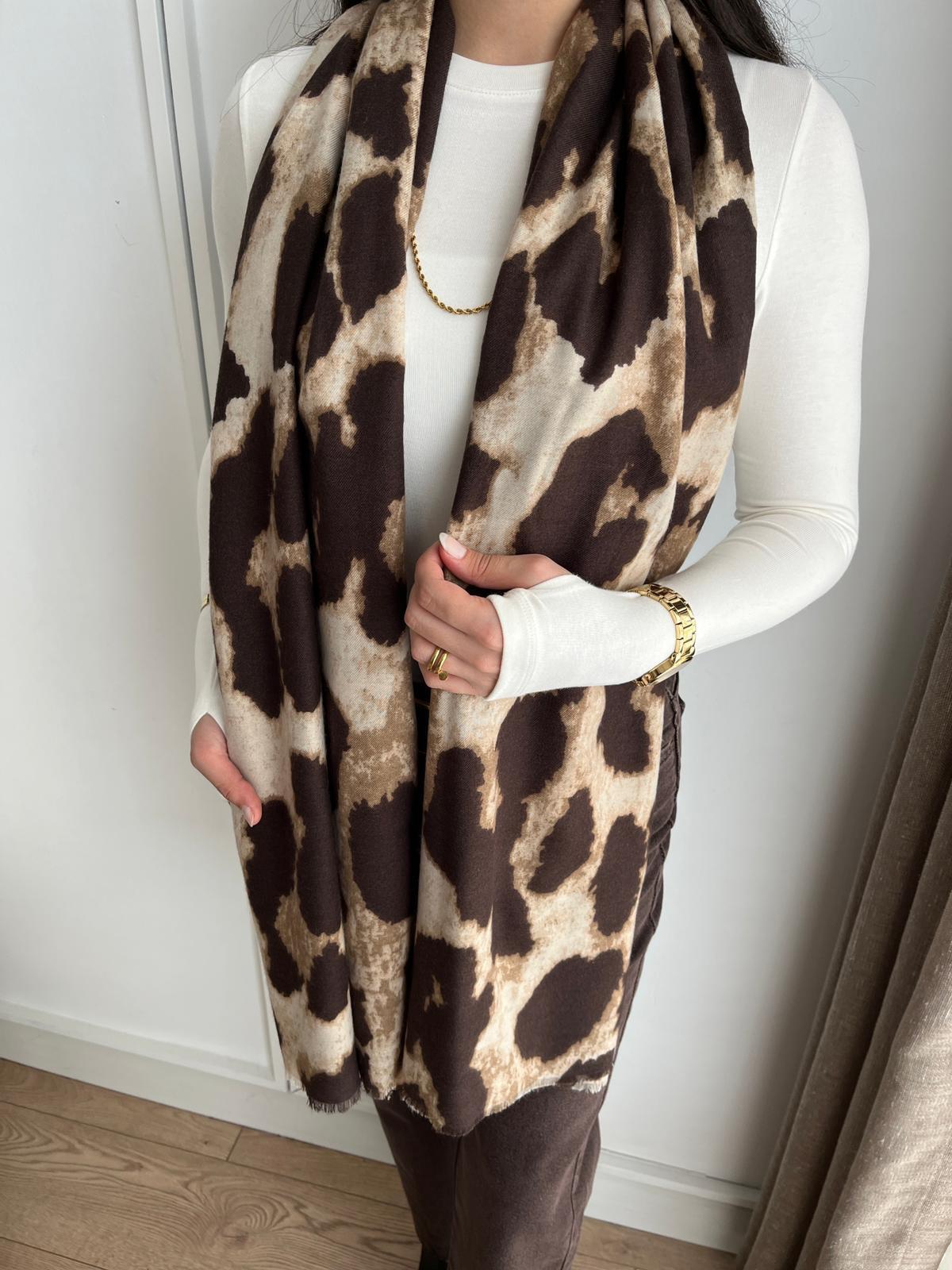 Kahve rengi Leopar Desen Şal 15190