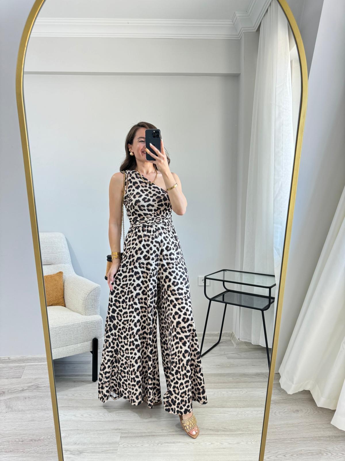 Kahve rengi Leopar Desen Tek Omuz Bel Drape Detaylı Tulum 6434