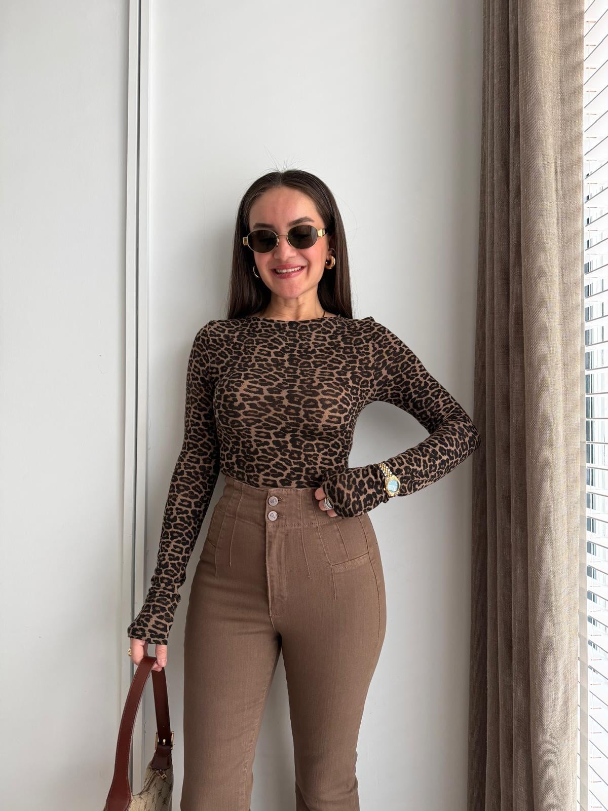 Kahve rengi Leopar Desen Uzun Kol Bluz 32206
