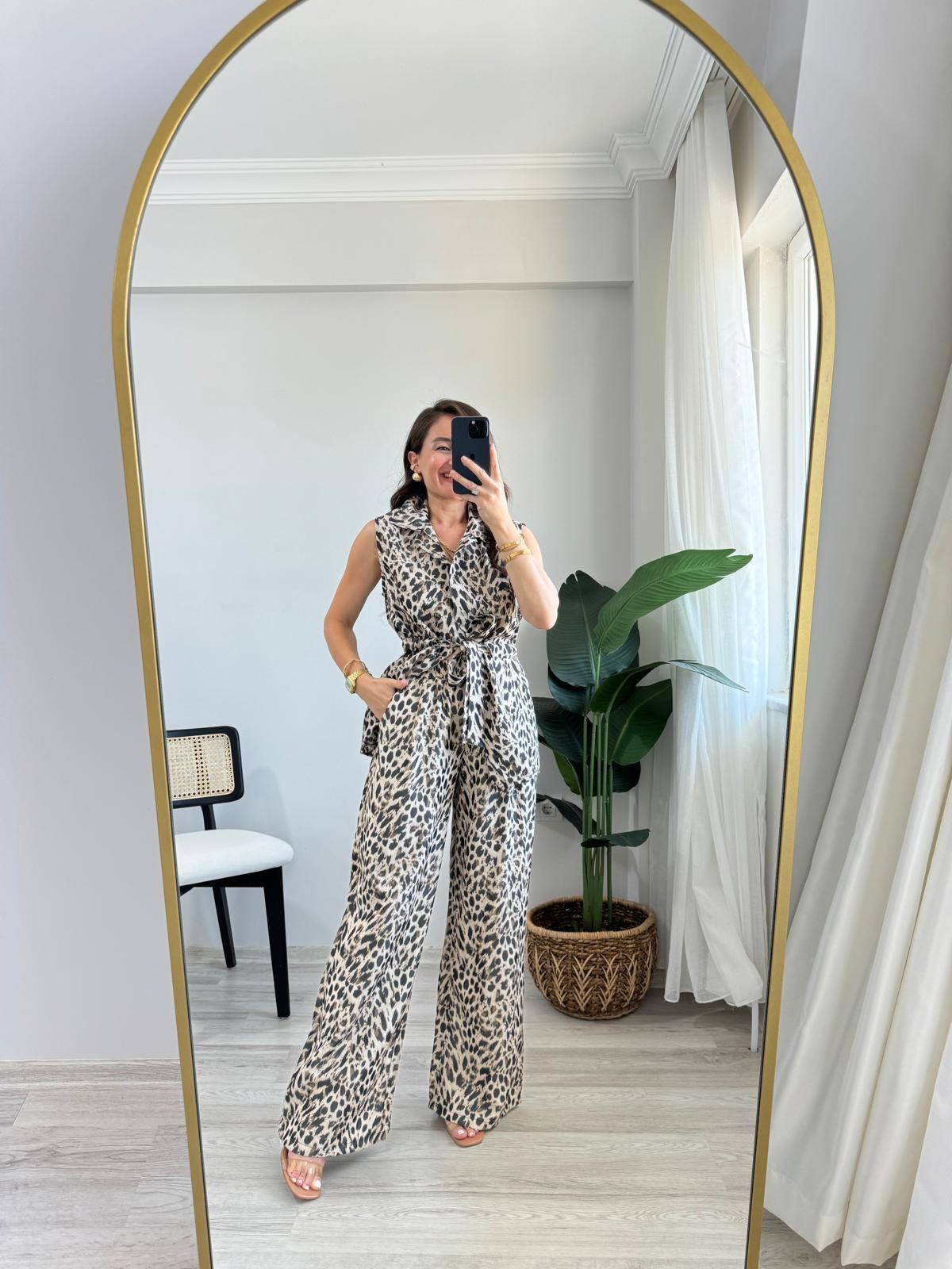 Kahve rengi Leopar Desen Yelek Pantolon Takım 2901