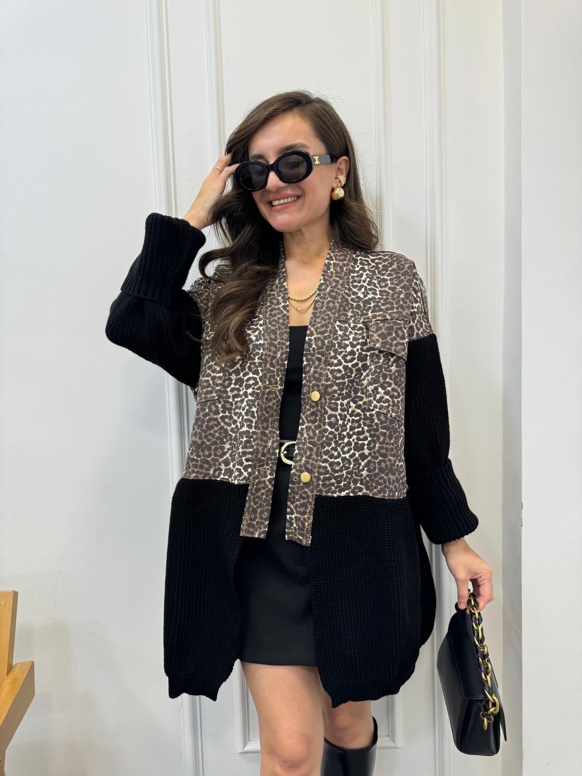 Kahve rengi Leopar Desenli Tasarım Hırka 14139